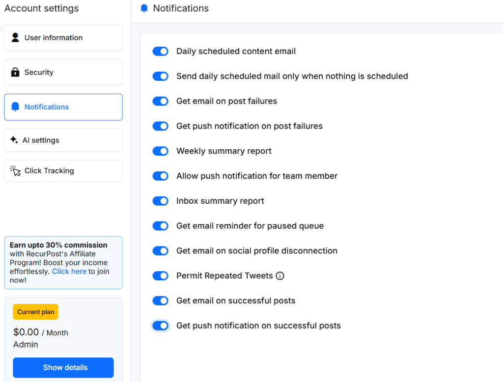 RecurPost account notification settings