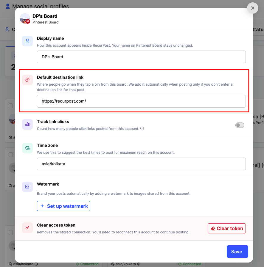 Board-wise Default Destination Link for Pinterest Boards