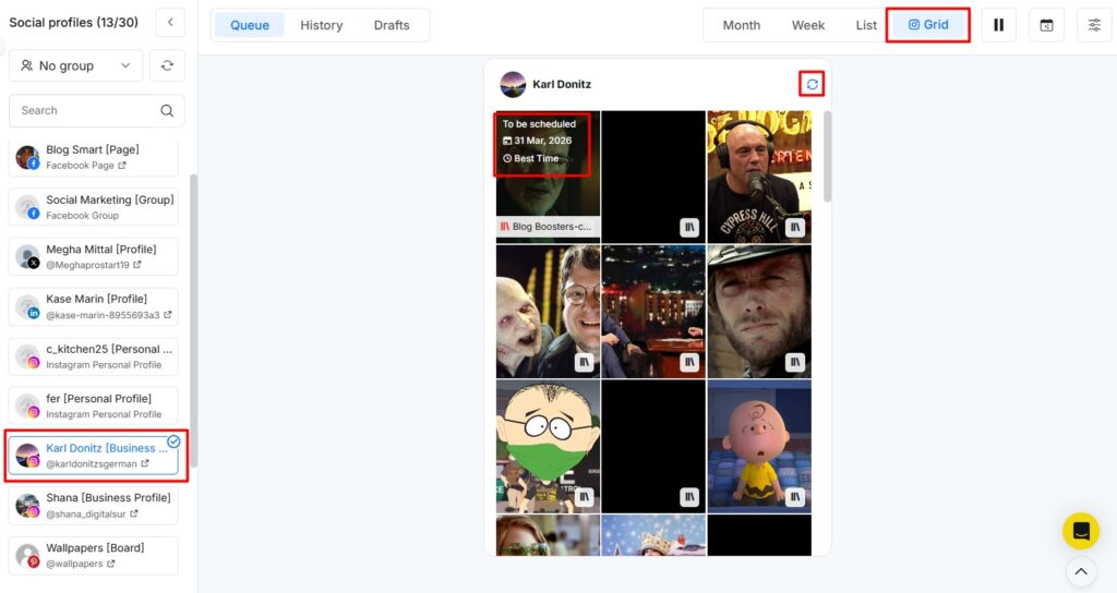 Instagram grid view with history