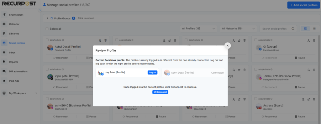 Review Profile window showing the signed-in account, the connected account, and Logout + Reconnect buttons