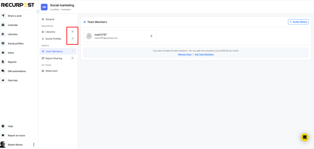 team management page - recurpost - social media scheduler