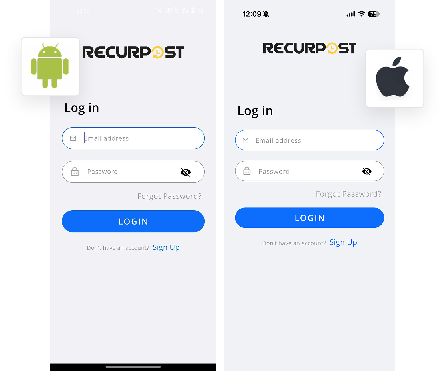 RecurPost mobile app sign in screen
