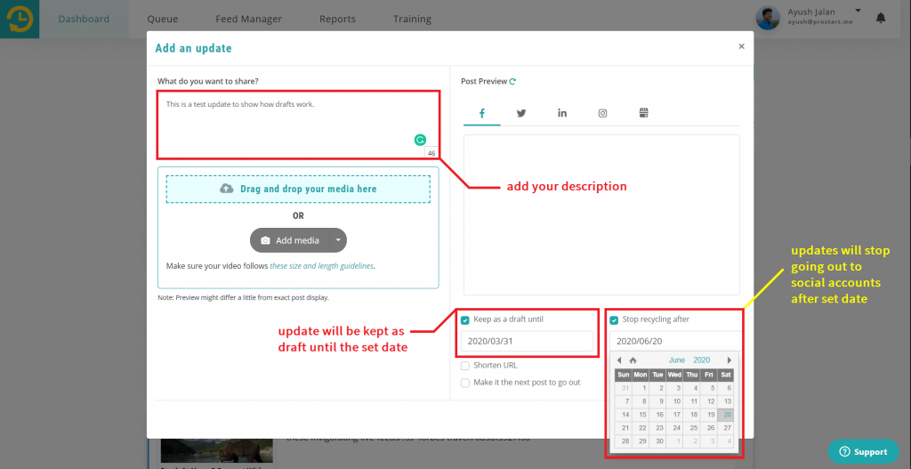 Dashboard > Your Library > Add an update - recurpost - social media scheduler