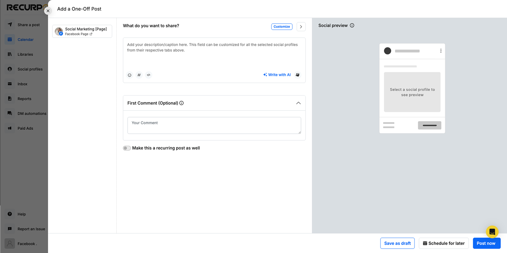 Manual post creation window in dashboard