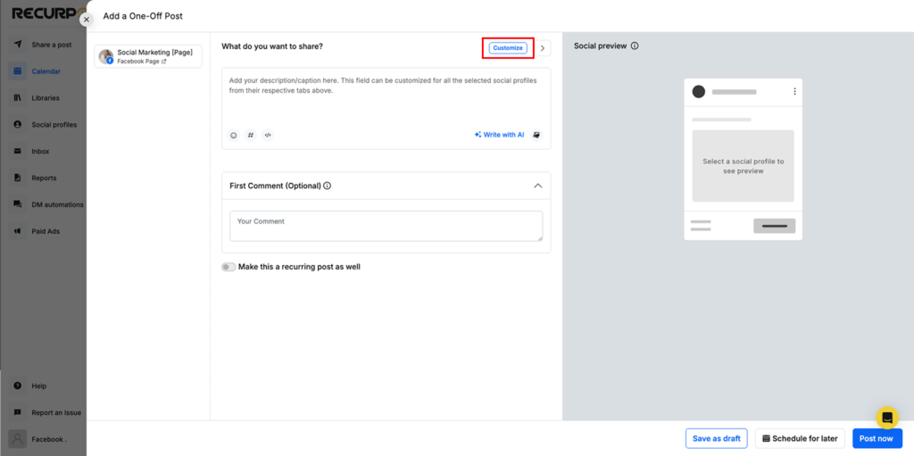 Social media post editor with preview panel