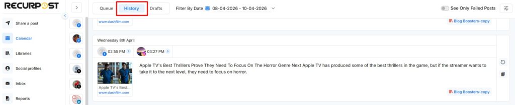 history of scheduled posts