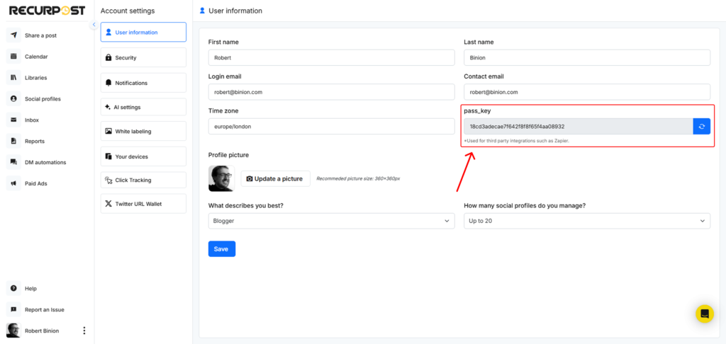 RecurPost Zapier integration pass key