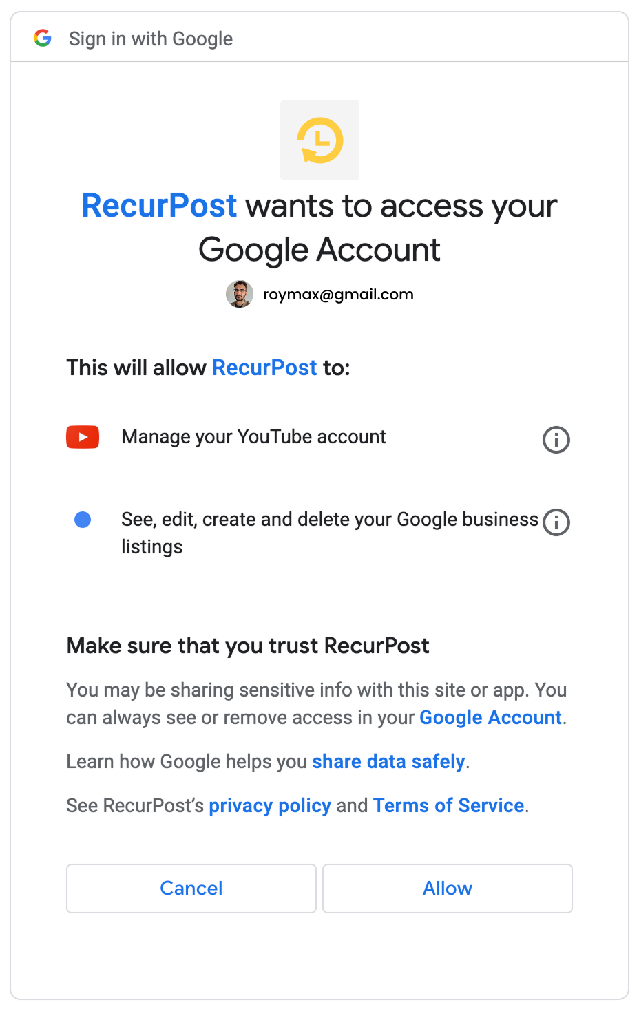 RecurPost permission to post on your profile