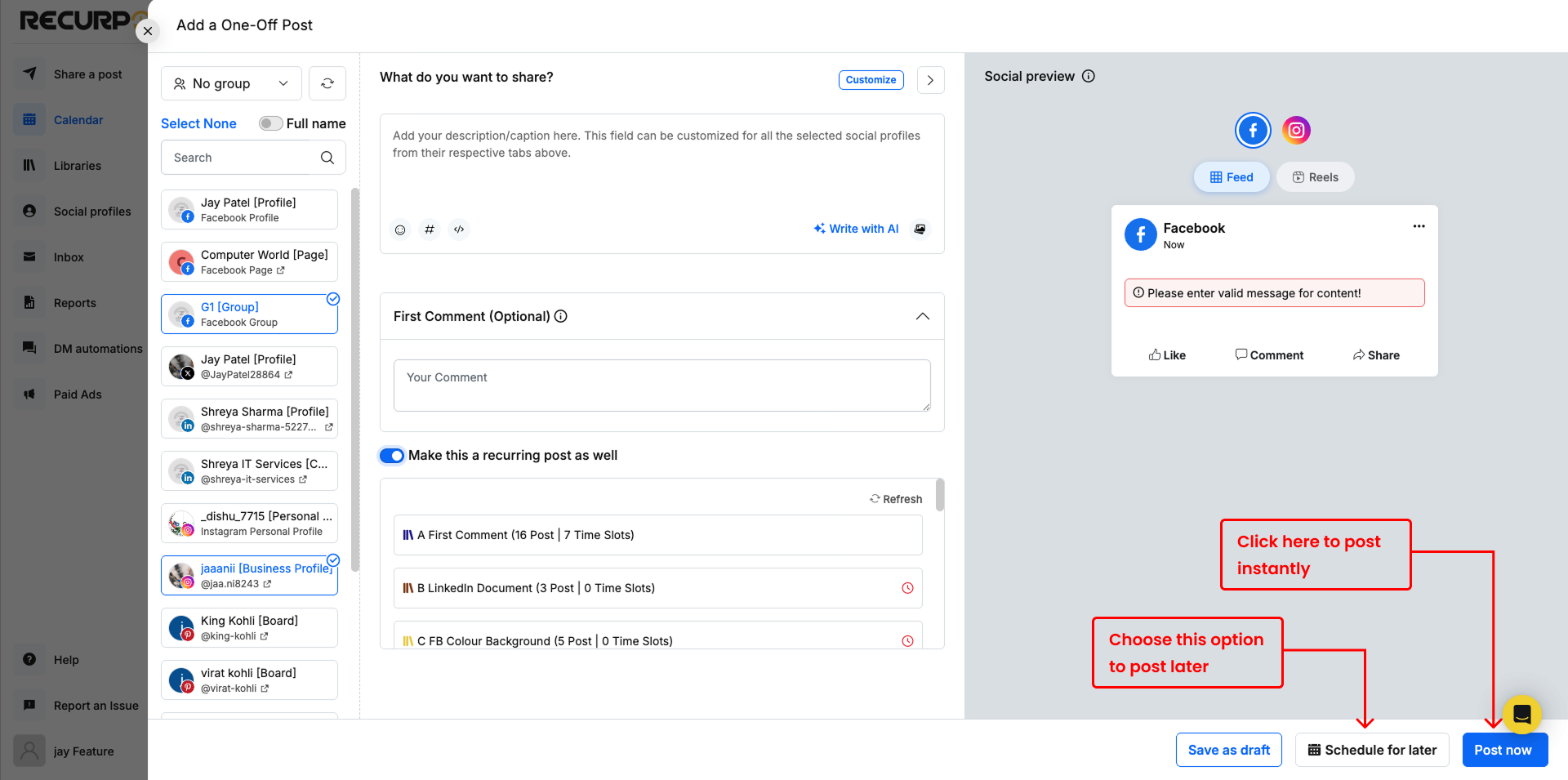 Schedule for later or post now feature