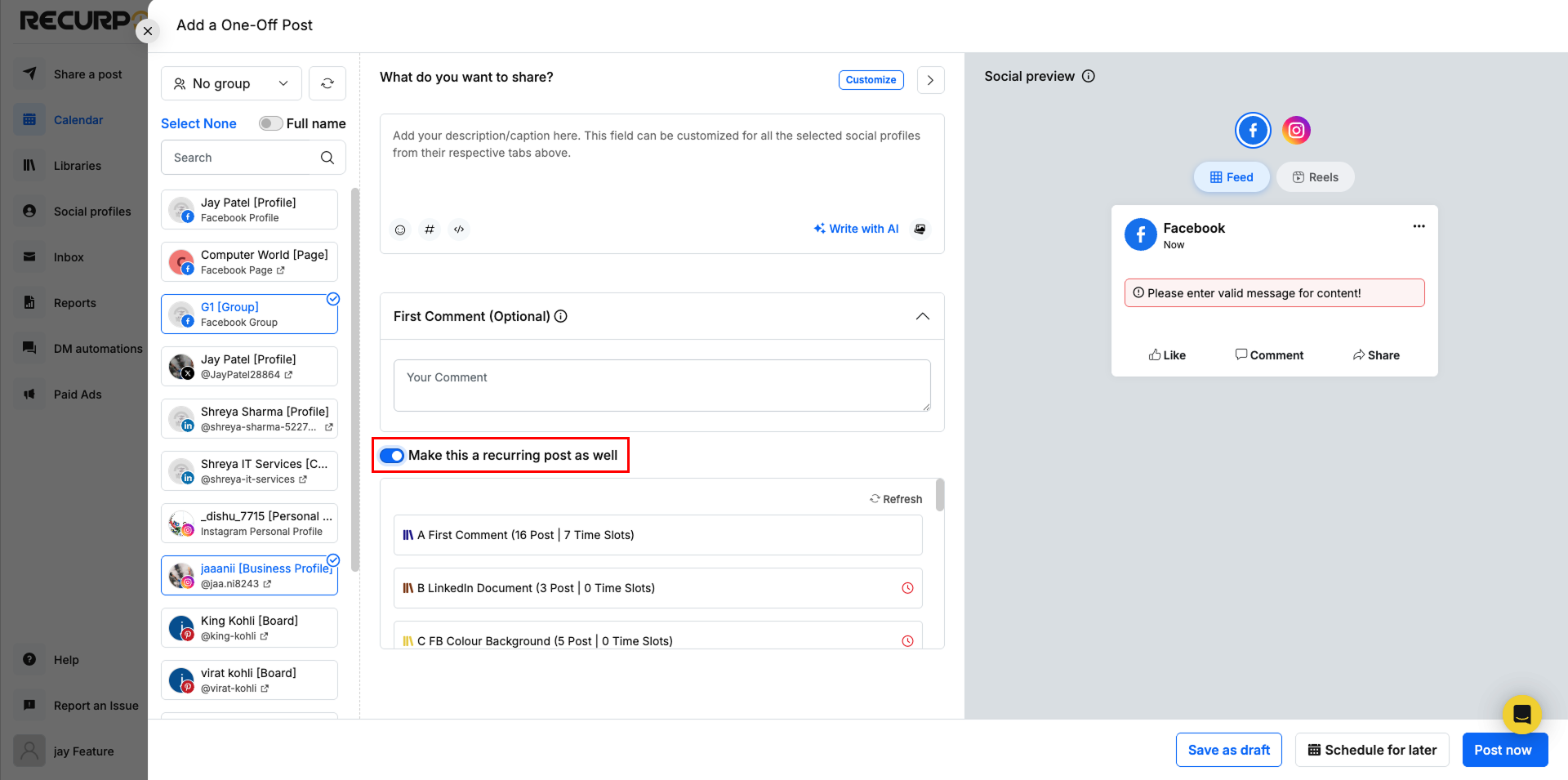 Select Facebook Profile and Instagram Personal Profile from the left side