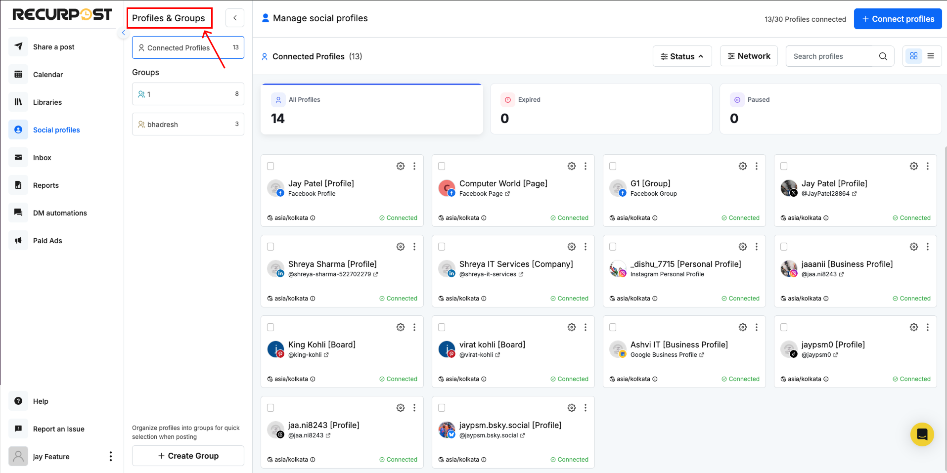social media platforms that you have linked to RecurPost