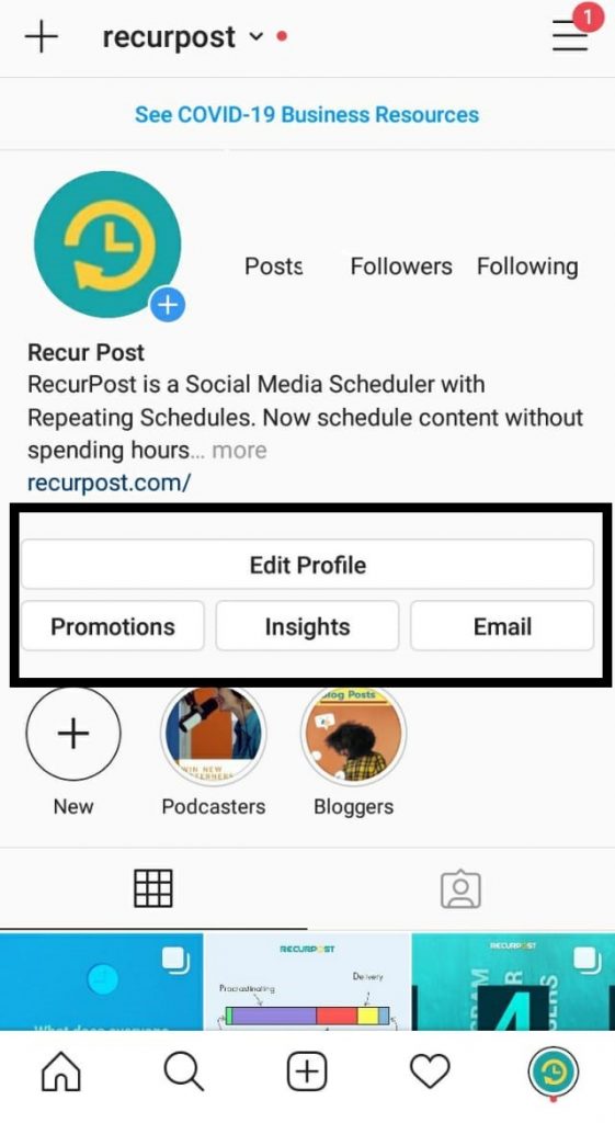 Give contact options from instagram account by recurpost as best free social media scheduling tool