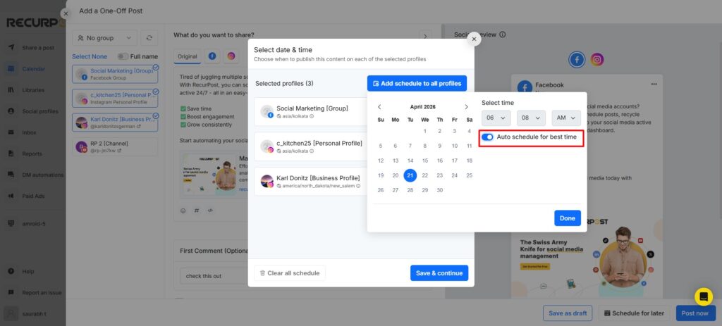 Auto-schedule for best time option under Schedule for later