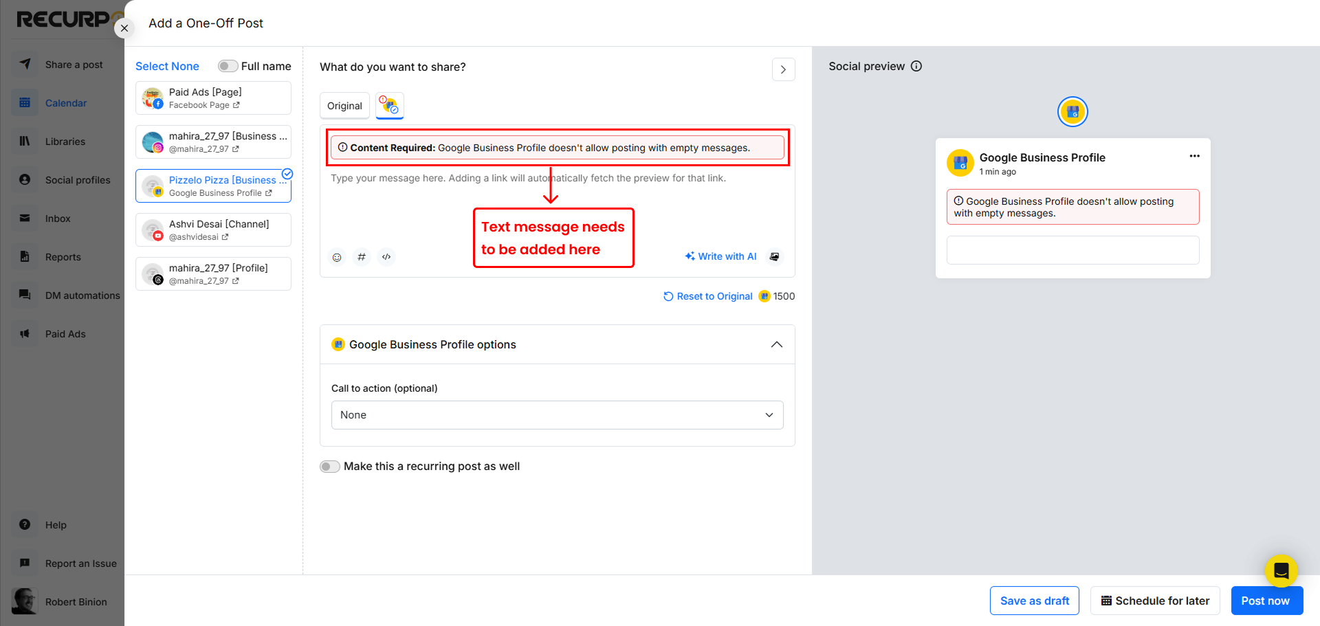 Google Business profile empty message error