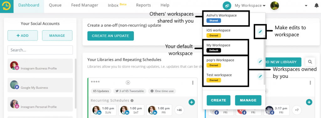 how to use workspace feature on recurpost social media scheduling tool