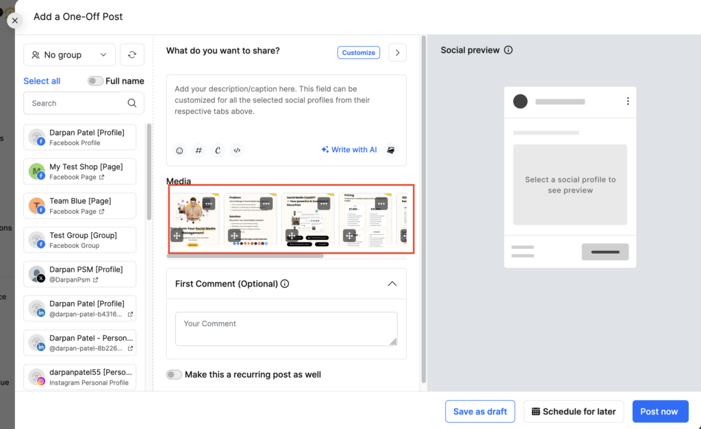 Post composer with Canva media added