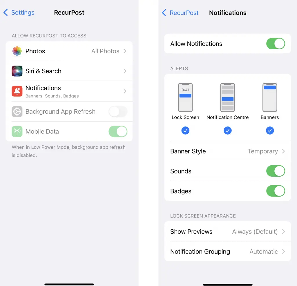 RecurPost mobile app Push Notifications are Turned OFF in iOS