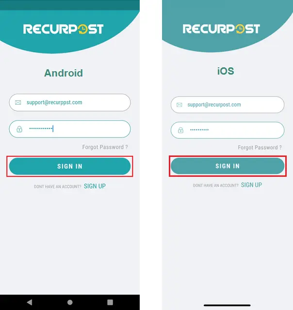 RecurPost mobile app sign in screen