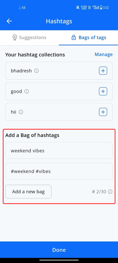 Add bag name and hashtags