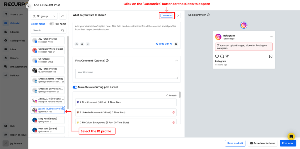 Add Instagram caption and video