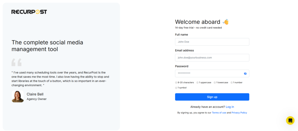 RecurPost Signup page