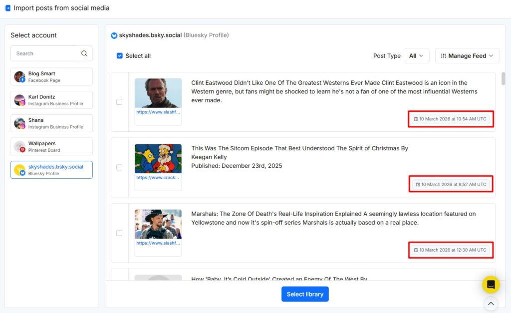 timestamp in manage feeds