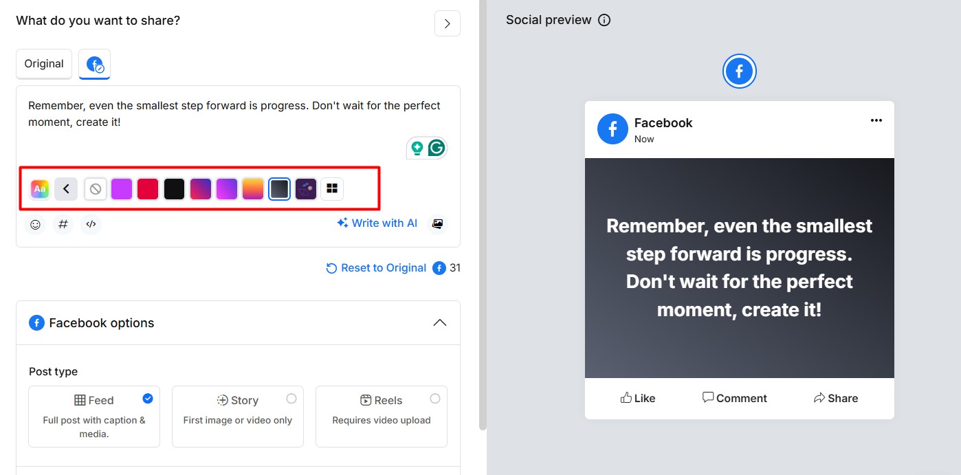 create a facebook post with background color