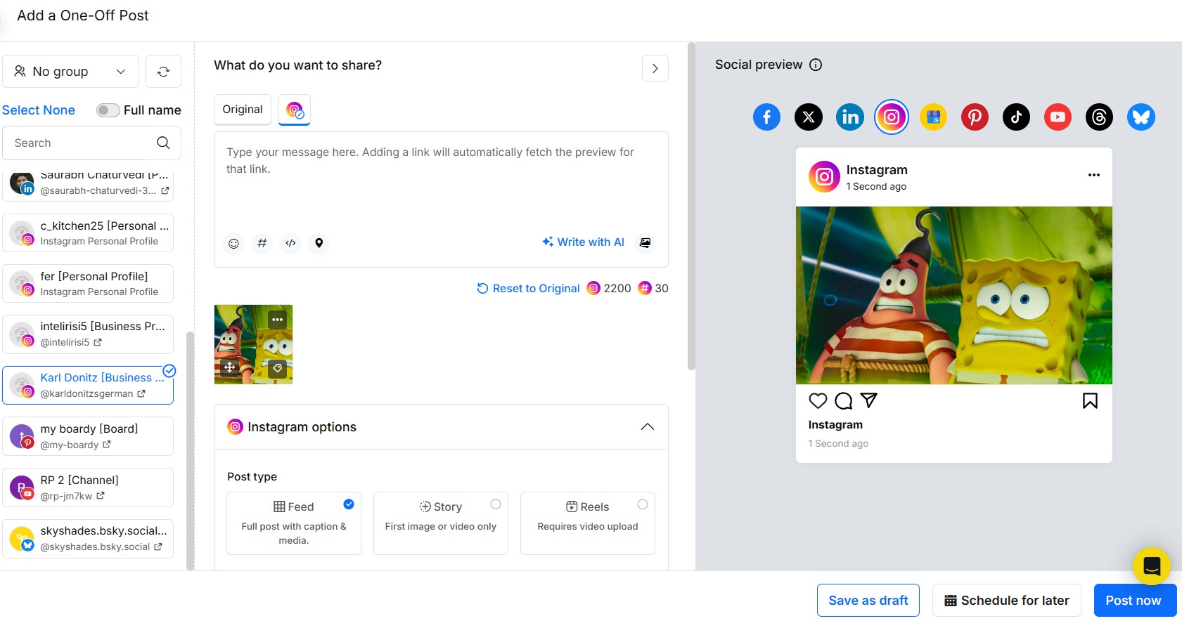 add a one-off post on instagram