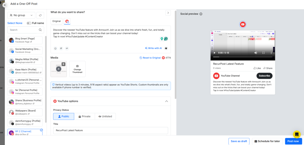 share one-off post on youtube