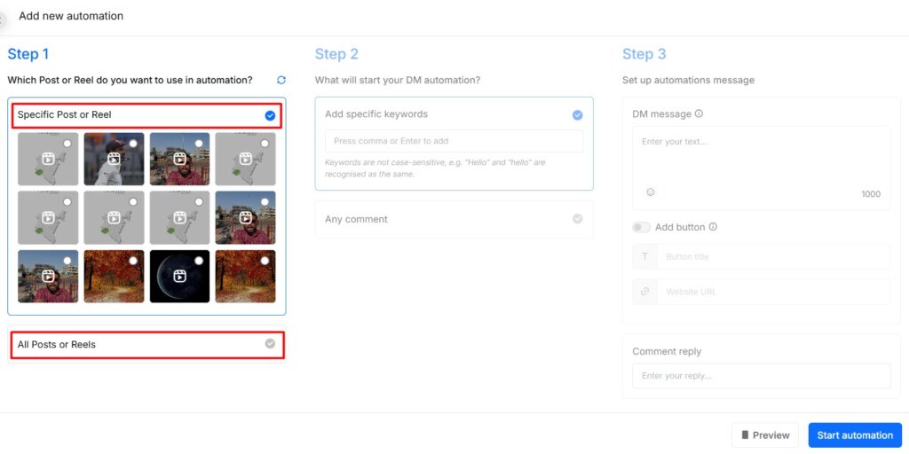 Which Post or Reel do you want to use in automation