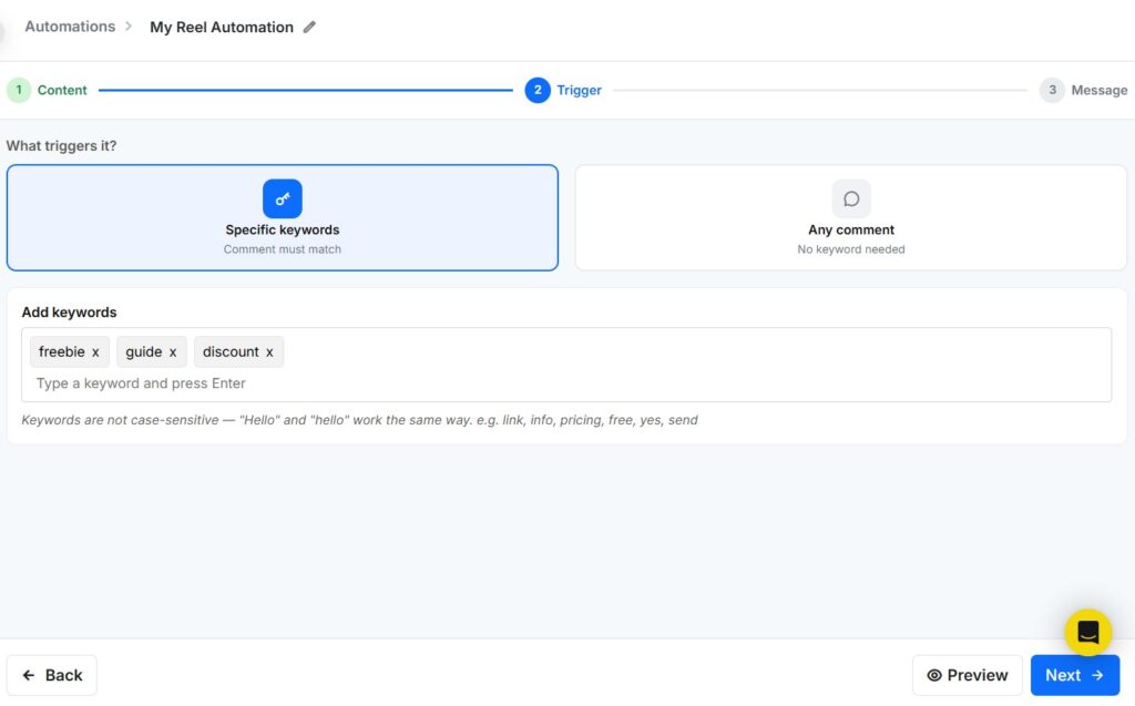 add specific keywords to trigger dm automation