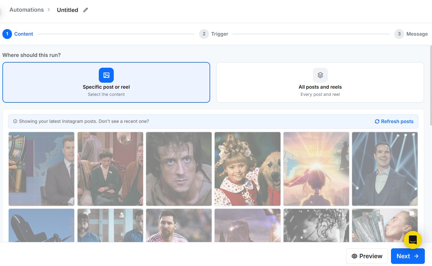 select specific post or reel in dm automation