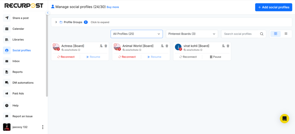 Recurpost Pinterest accounts filter