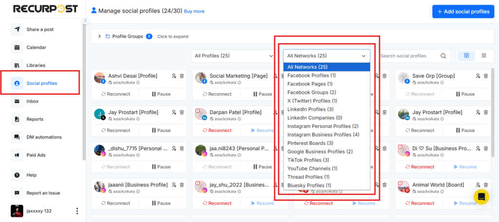 RecurPost “All Networks” Filter with Profile Counts