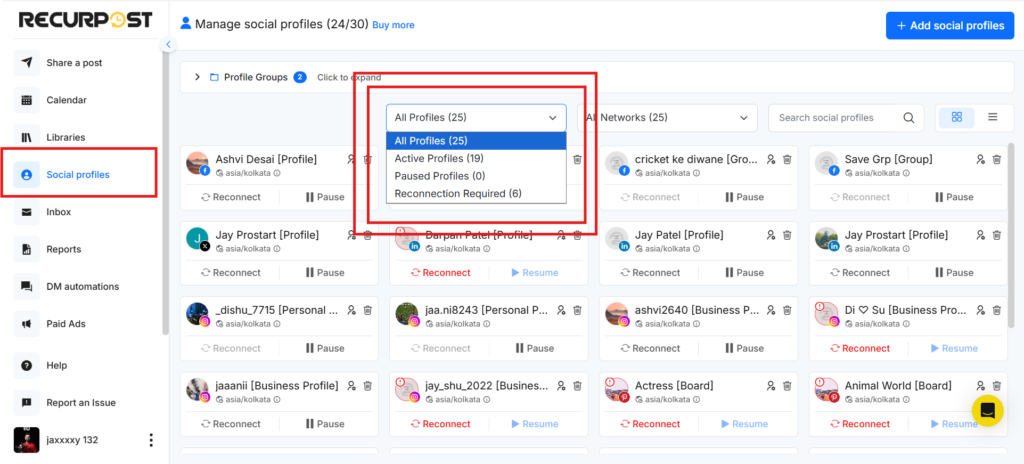 RecurPost “Profile Status” Filter