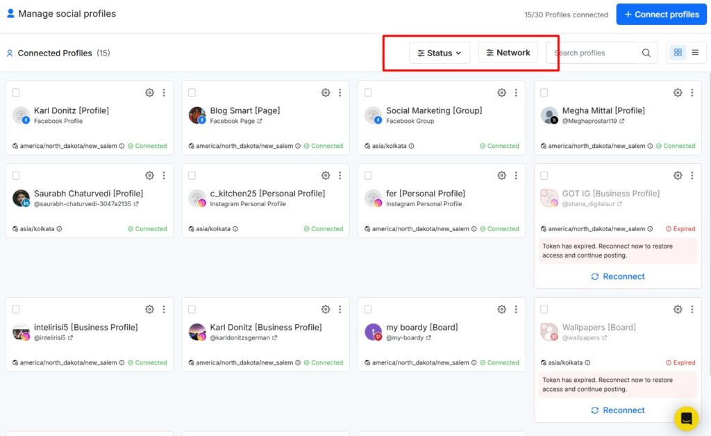status and network filter for social profiles