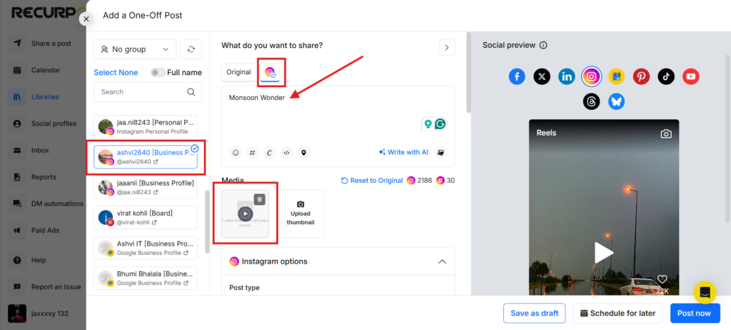 How to Create an Instagram Trial Reel from RecurPost Step 4