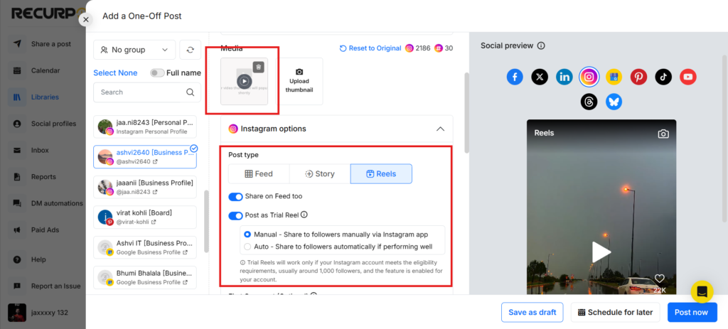 How to Create an Instagram Trial Reel from RecurPost Step 5