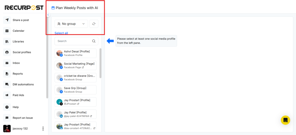 Social Profile Groups in Plan Weekly Posts with AI