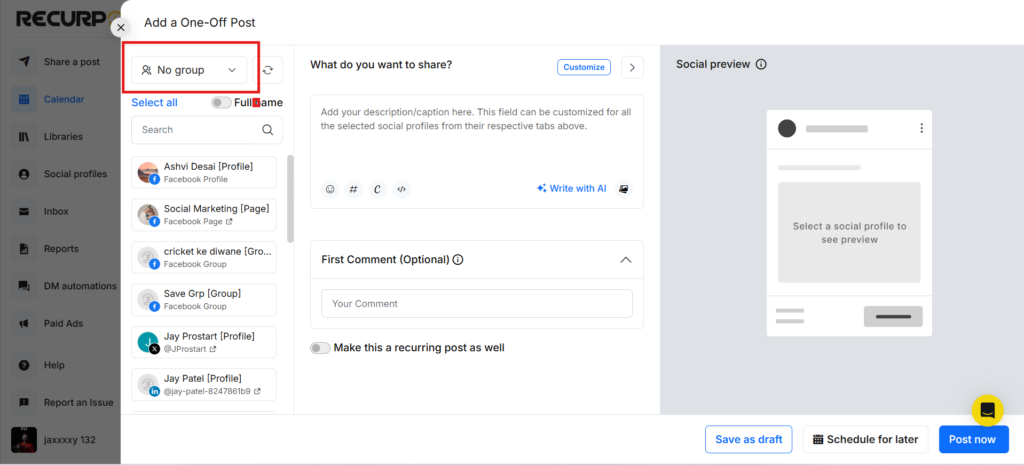 Social Profile Groups in Share a Post/One-off posts