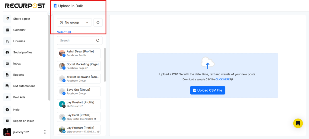 Social Profile Groups in Upload CSV File