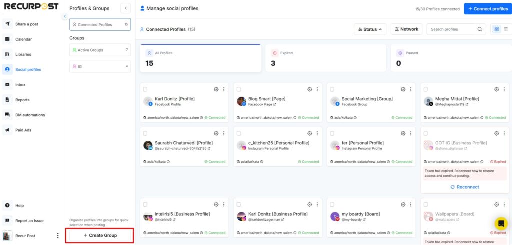 create group in social profiles