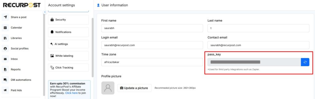 RecurPost API Pass Key