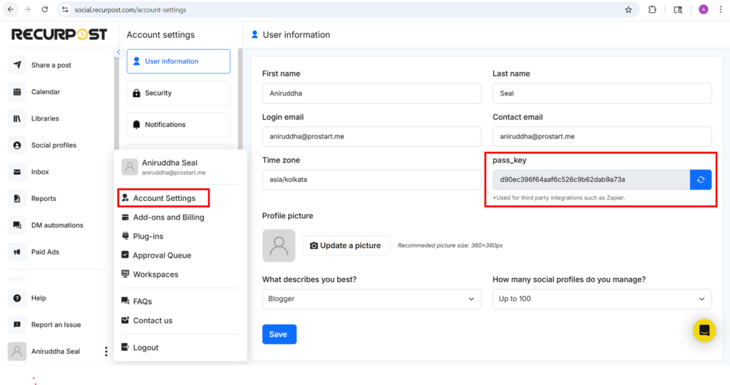 pass key in account settings