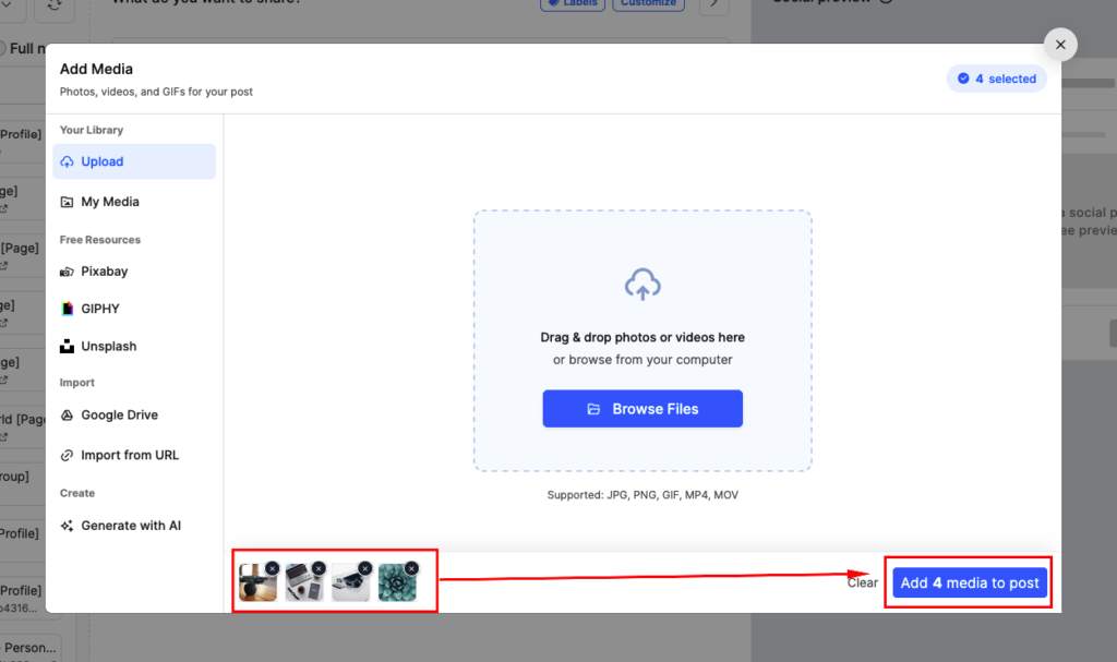 Bottom of the Add Media modal showing selected thumbnails and the Add media to post button