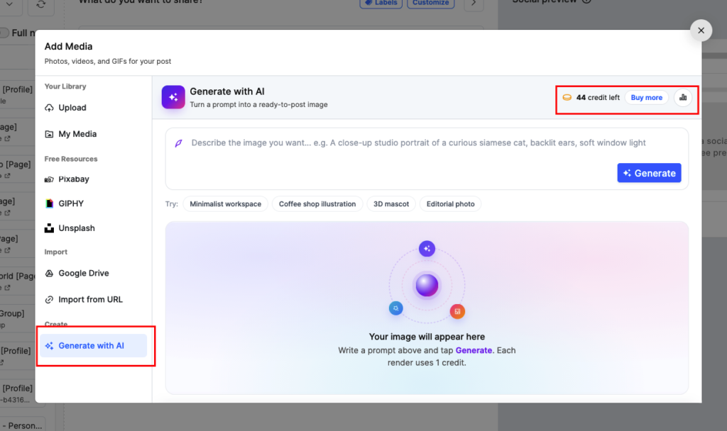Generate with AI tab showing the prompt field and credit counter