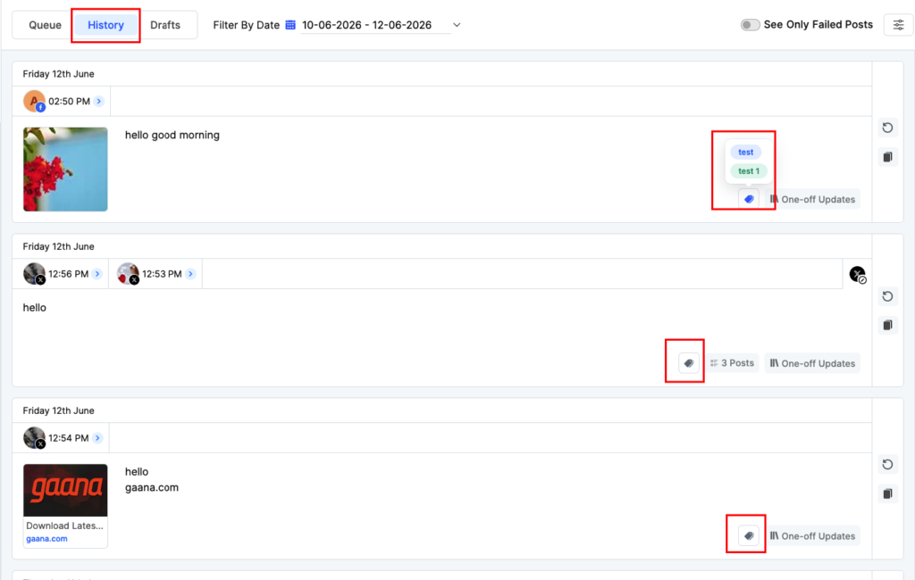 History tab with label tags shown on posts