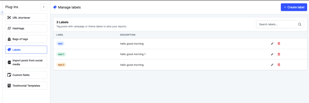 Manage Labels screen with existing labels list