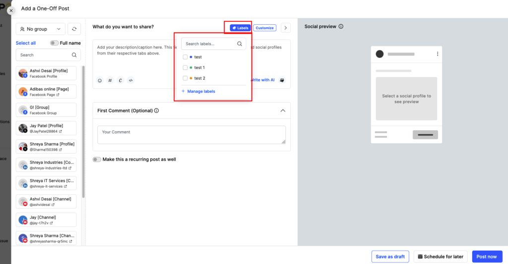 One-off post composer with Labels dropdown open