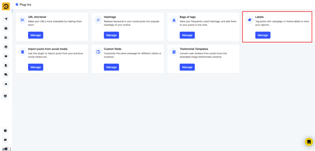 Plug-ins page with Labels card highlighted